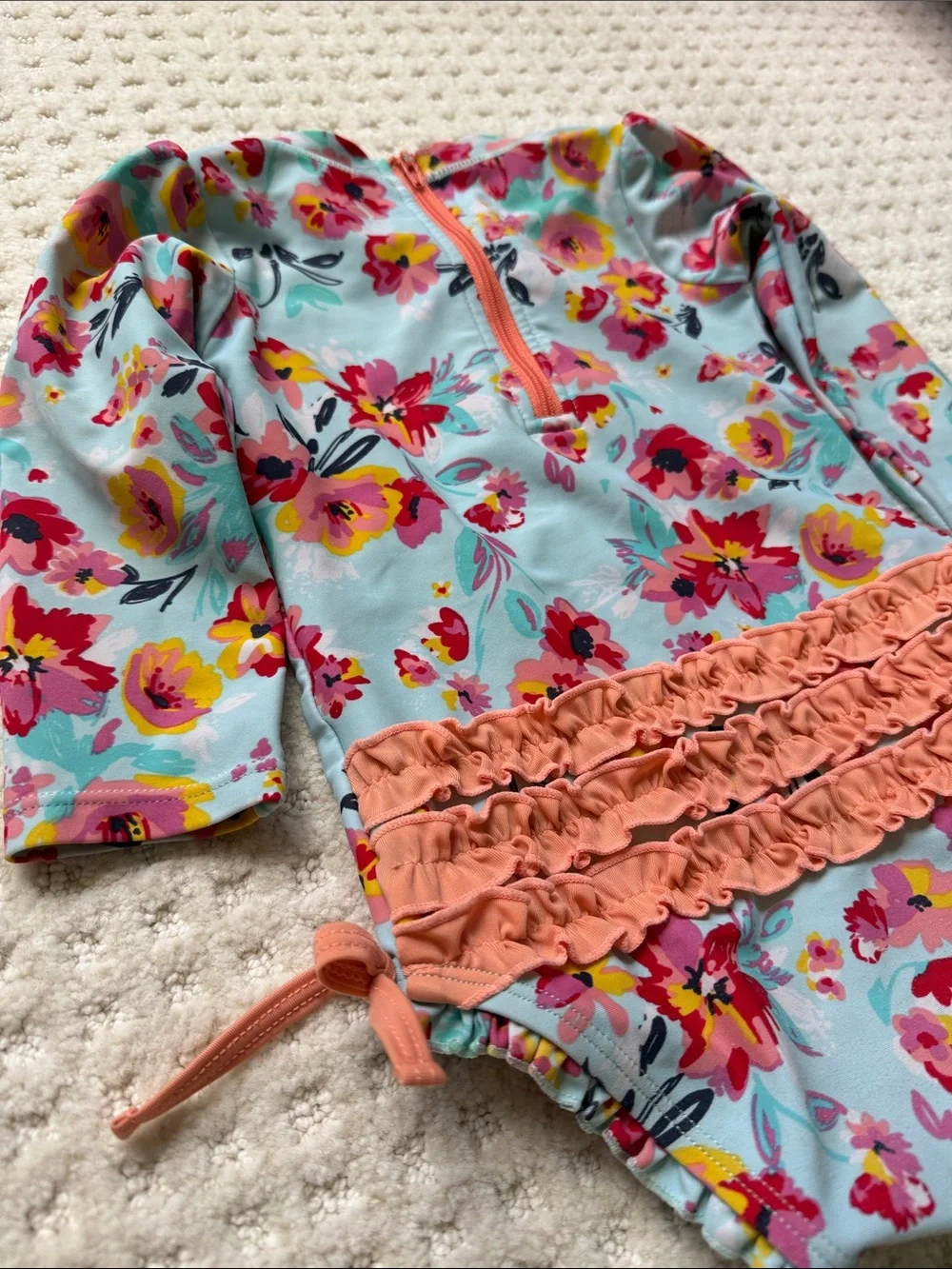 Ruffle Butts Aqua Floral Long-Sleeve Swim One-Piece with Pink and Yellow Flowers